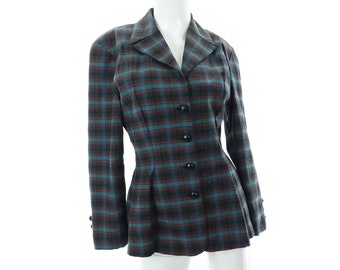 Vintage 90s Betsey Johnson Plaid Blazer Luxe Rayon Tartan Peplum Waist Jacket