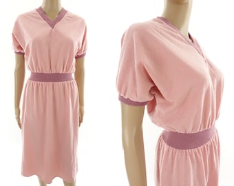 Vintage 1970s70s Bubblegum Pink Cap Sleeve Velour Dress