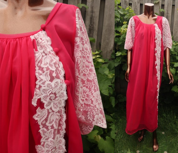1960s 70s Double Chiffon Peignoir Robe Pink Lace … - image 2