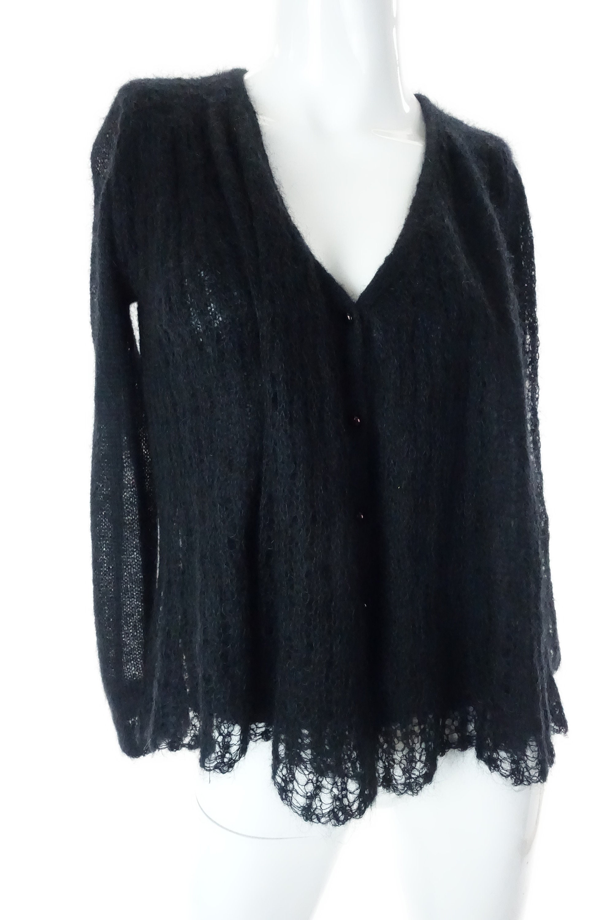 1970s Black Mohair Cardigan Sweater: Sheer Knit Overlay Antonella 