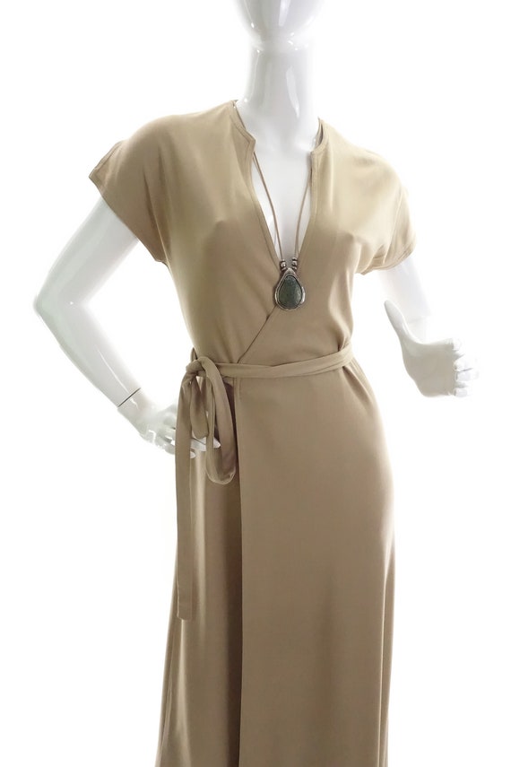 70s Clovis Ruffin Wrap Dress Beige Jersey Knit Ma… - image 4