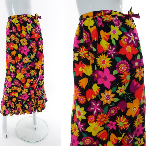 1960s Flower Power Maxi Skirt Vibrant 60s Floral Wrap Sarong Cover Up by Dune Deck / Small