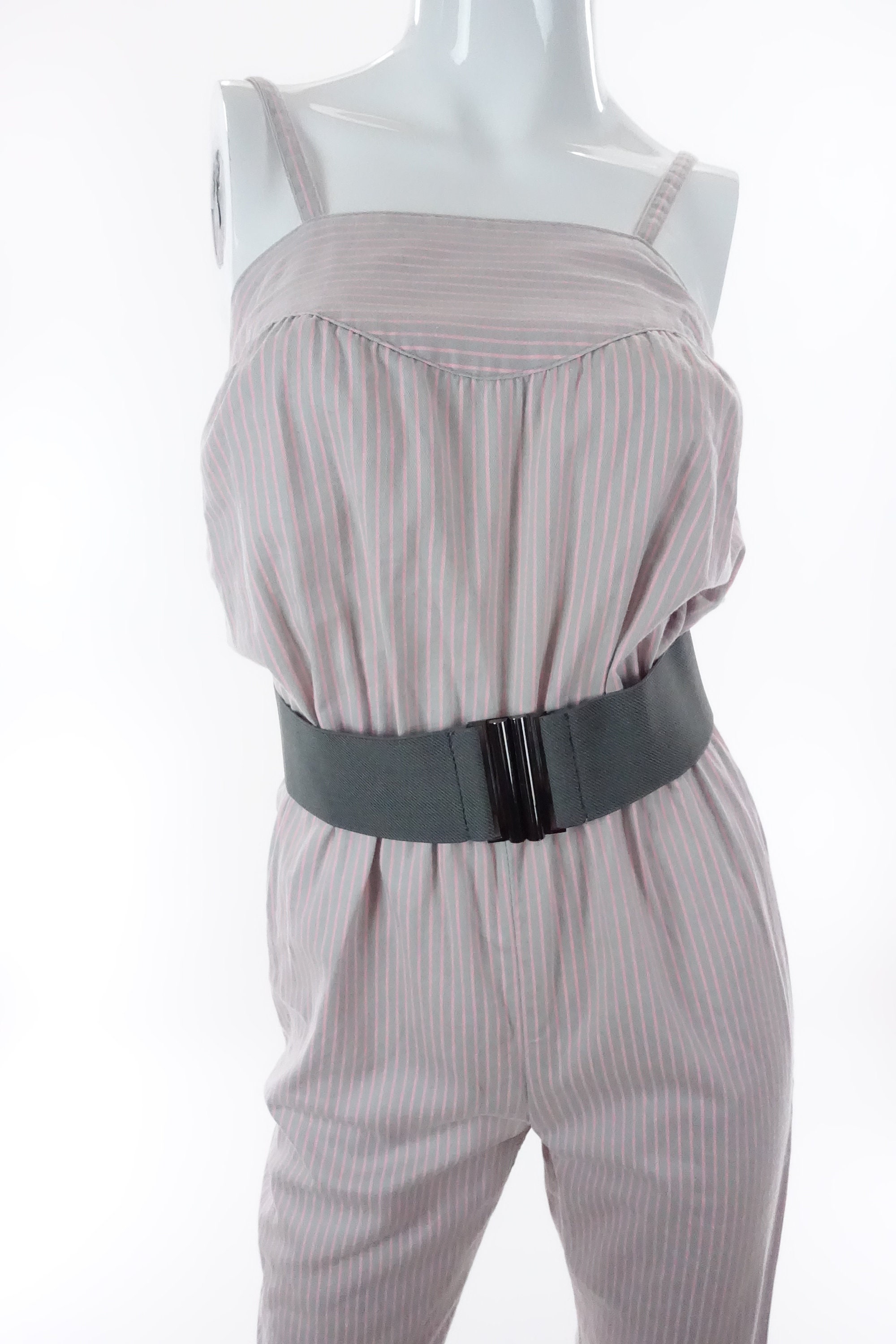 80s Jumpsuit Striped Vintage Romper One Piece Sleeveless Pinstripe Pantsuit 1980s XXS / XS