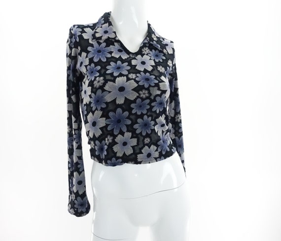 90s Crop Top Sheer Floral Collared Shirt Rave Clu… - image 5