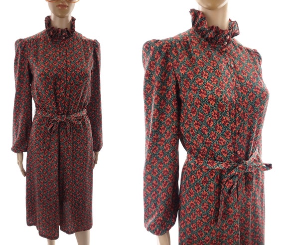 70s Leslie Fay High Neck Floral Shirtwaist Dress Size… - Gem