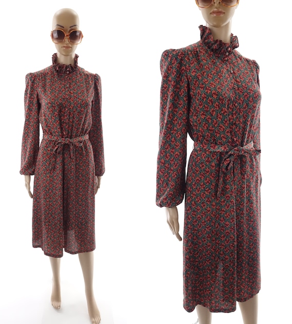 70s Leslie Fay High Neck Floral Shirtwaist Dress Size… - Gem