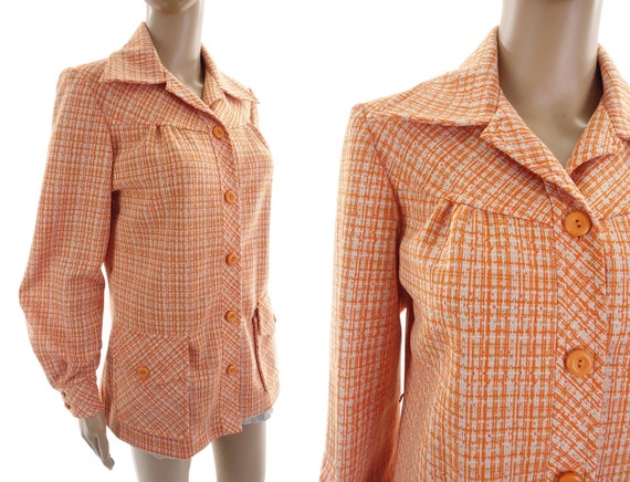 70s Smock Orange Plaid Butterfly Collar 