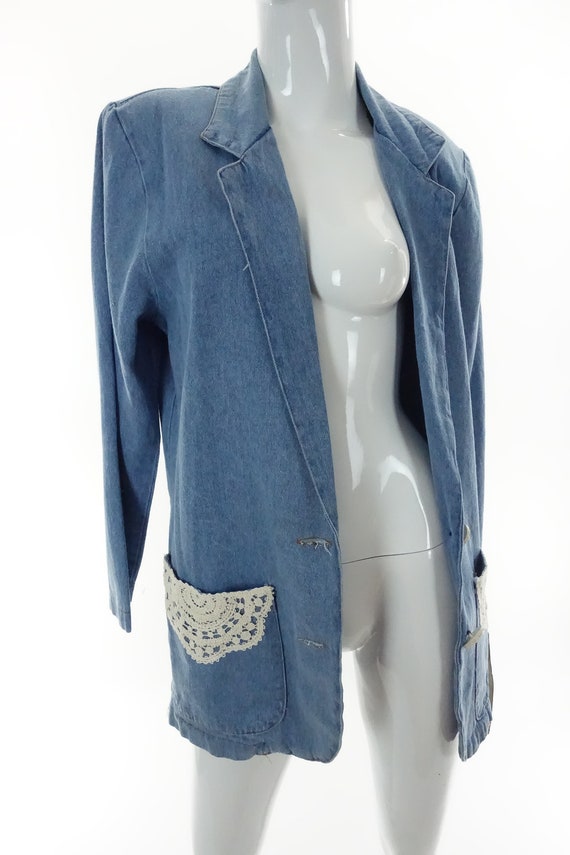 Vintage 90s Denim Blazer Blue Jean Suit Jacket Ne… - image 6