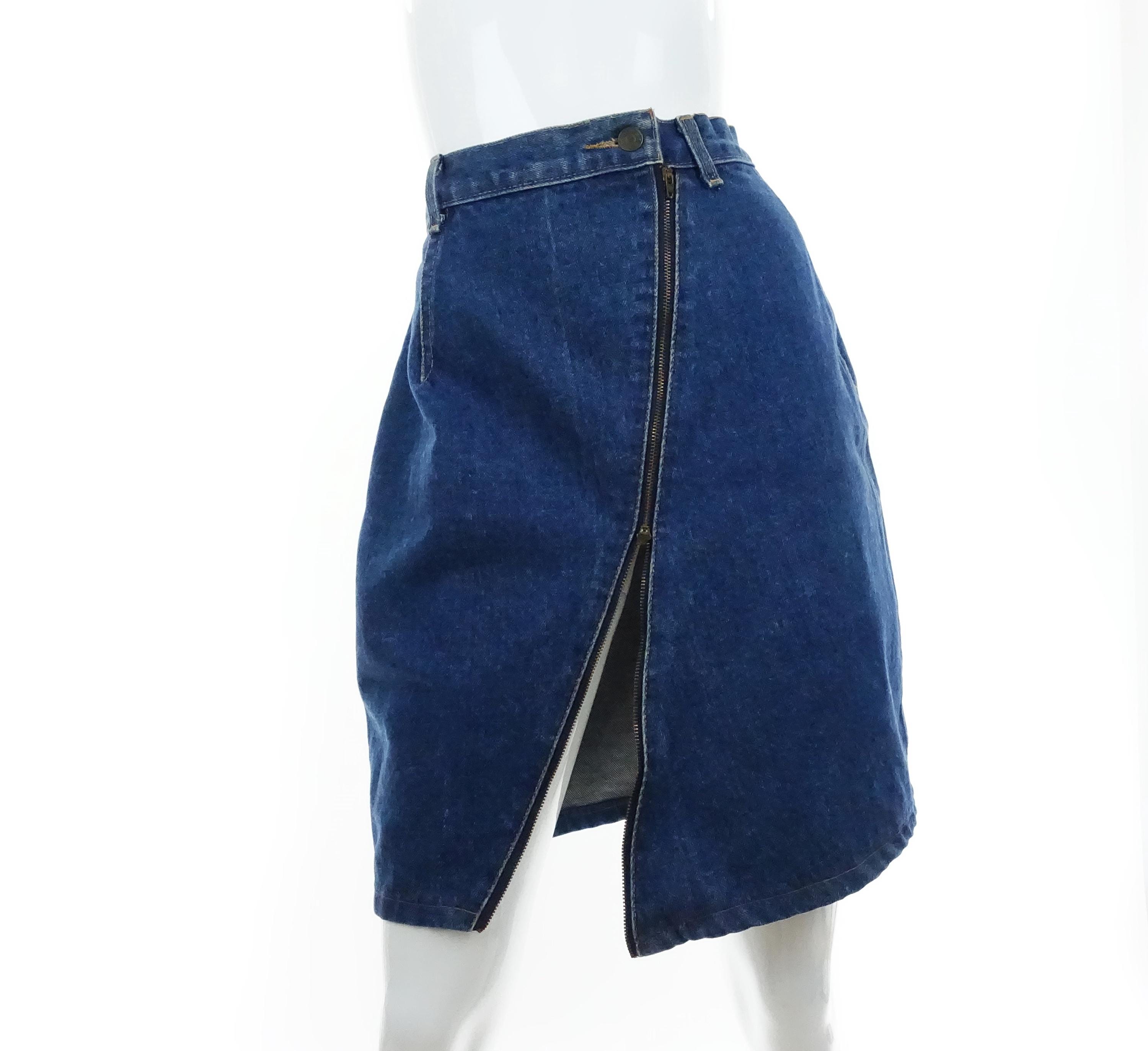 1980s Jean Skirt Diagonal Zipper Front Denim Mini Size 11