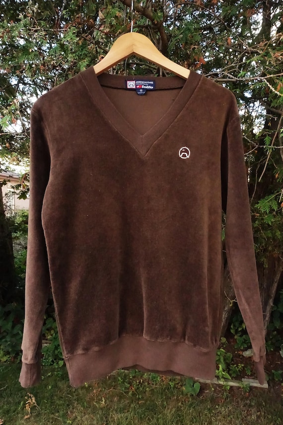 Lotto, Vintage Lotto John Newcombe Sweatshirt Brown Velour Pullover Mustache Logo / Medium 1980s