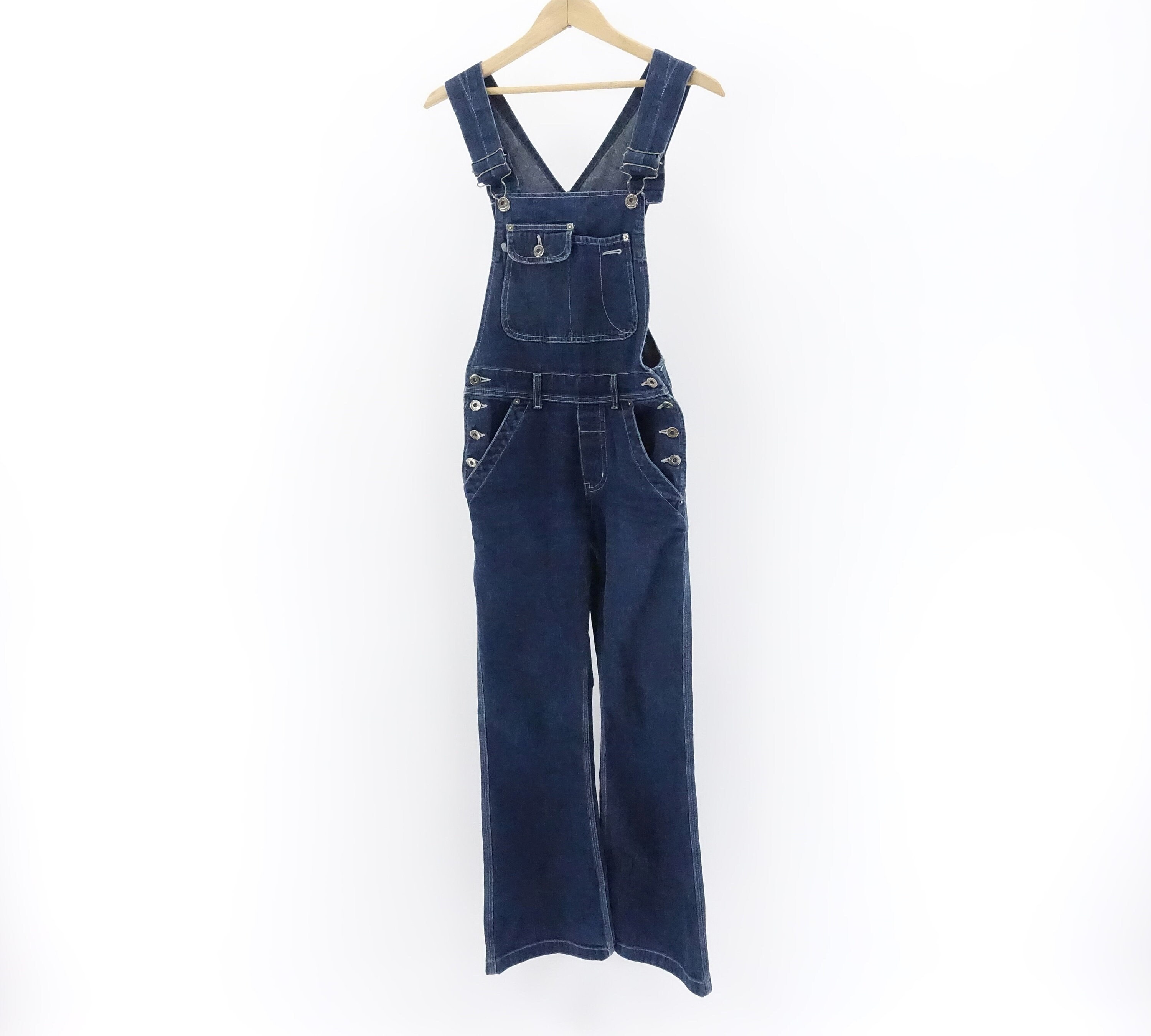Vintage 90s Overalls Silver Jeans Flared Dark Blue Jean Bibs