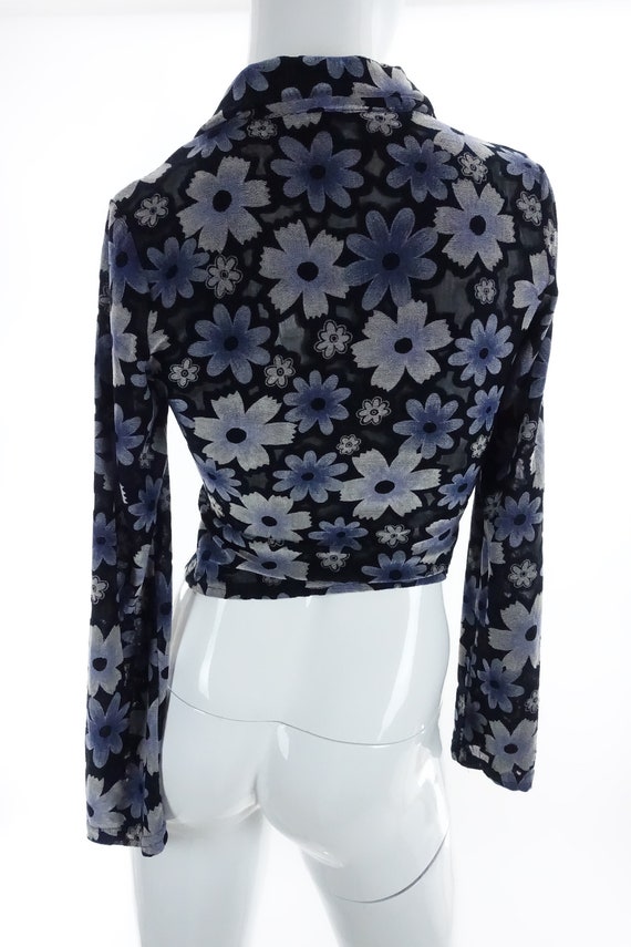 90s Crop Top Sheer Floral Collared Shirt Rave Clu… - image 3