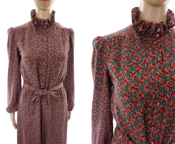 1970s High Neck Floral Secretary Dress Vintage 70… - image 1