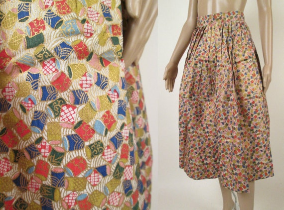 Vintage 40s 50s Paper Fabric Novelty Print Skirt X