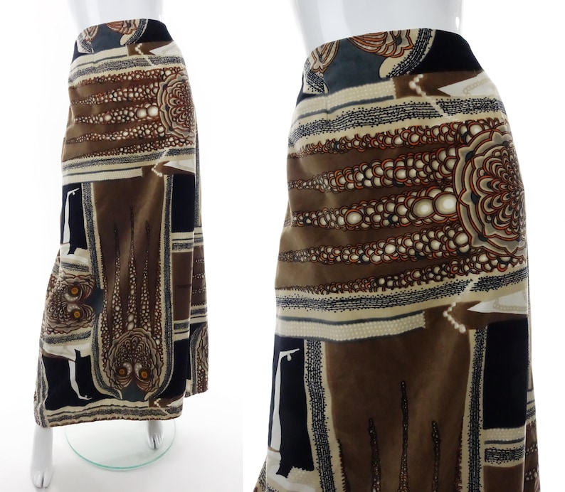 1970s Brilliant Print Velvet Skirt & Silk Turtleneck Set