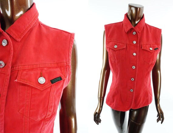 red jean vest