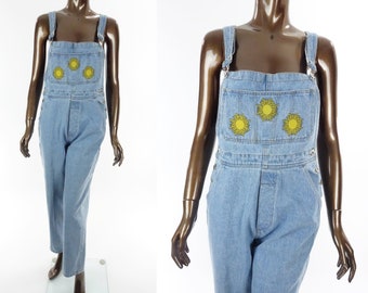 90s Denim Overalls Sunshine Applique Bib Overalls Bibs Vintage 1990s Blue Jean Jumpsuit Womens Small