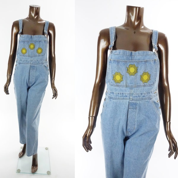 90s Denim Overalls Sunshine Applique Bib Overalls Bibs Vintage 1990s Blue Jean Jumpsuit Womens Small