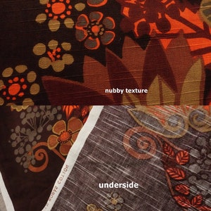 May include: Close-up of a brown fabric with a floral pattern. The fabric has a textured surface and the underside is a lighter brown with a striped pattern. The text "nubbly texture" and "underside" are written on the fabric.