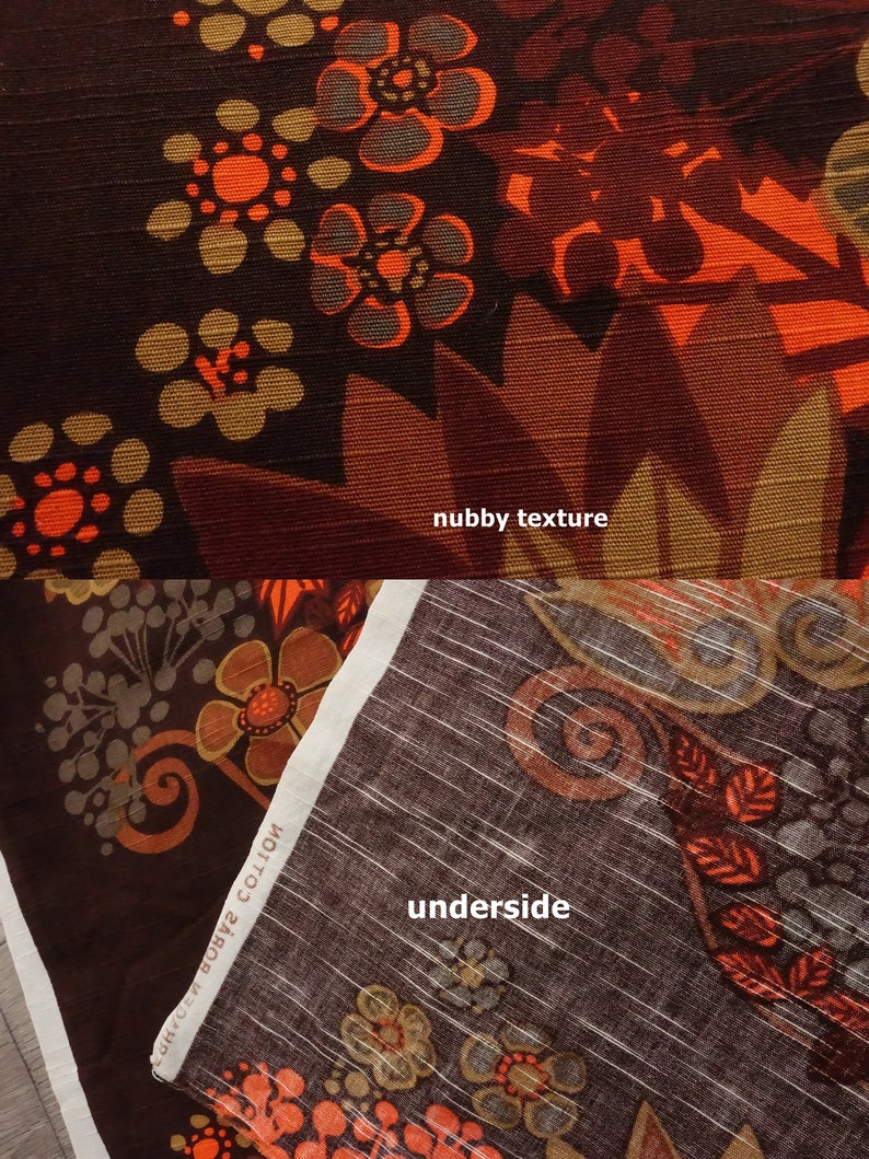 May include: Close-up of a brown fabric with a floral pattern. The fabric has a textured surface and the underside is a lighter brown with a striped pattern. The text "nubbly texture" and "underside" are written on the fabric.
