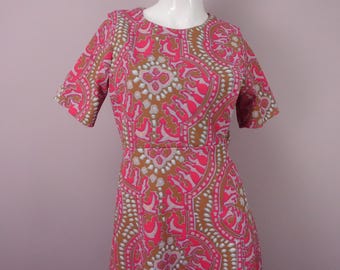 1970s Maxi Dress Pink Psychedelic Print Short Sleeve S/M