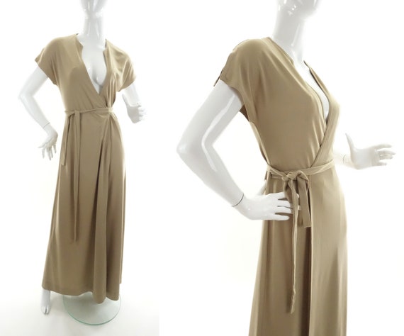 70s Clovis Ruffin Wrap Dress Beige Jersey Knit Ma… - image 1