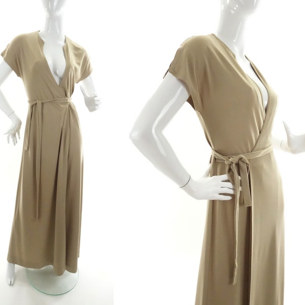 70s Clovis Ruffin Wrap Dress Beige Jersey Knit Maxi Vintage 1970s Gown