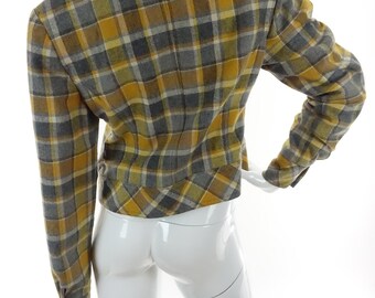 Vintage Cropped Plaid Wool Jacket Gray Yellow Tartan Shirt
