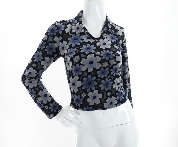90s Crop Top Sheer Floral Collared Shirt Rave Clu… - image 6