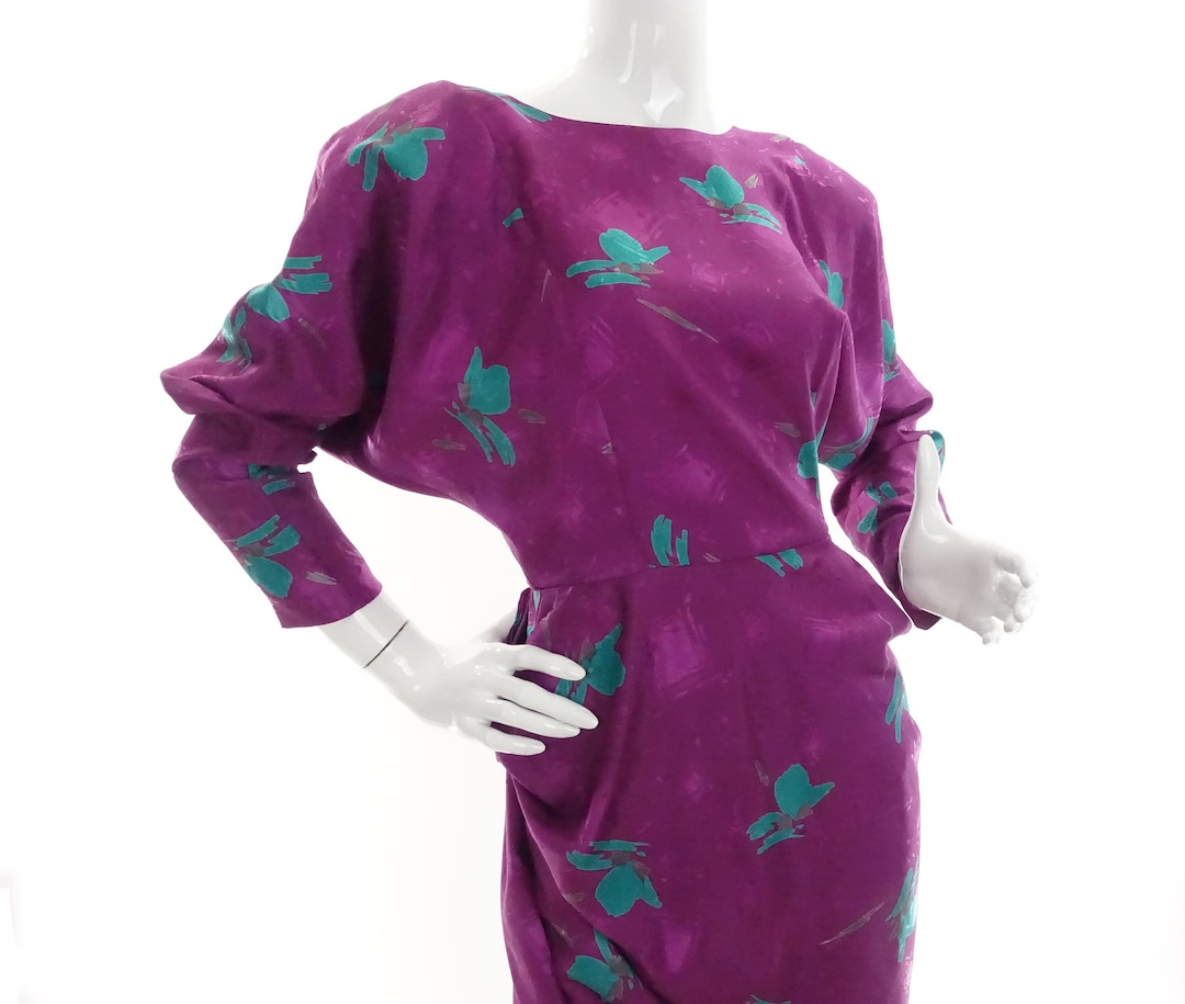 Medium 1980s Floral Print Dress Bias Cut Long Sleeve