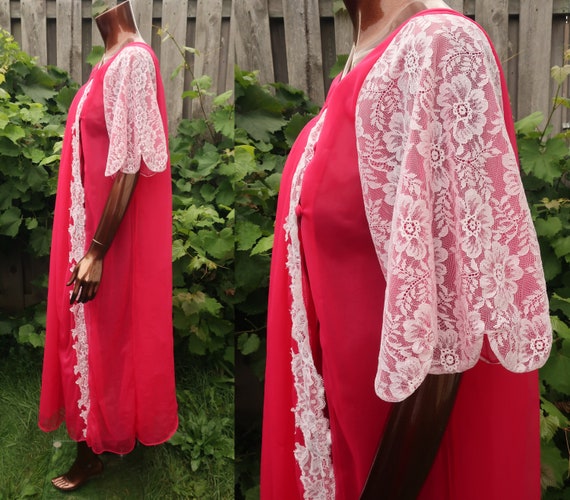 1960s 70s Double Chiffon Peignoir Robe Pink Lace … - image 6