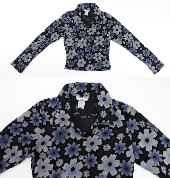 90s Crop Top Sheer Floral Collared Shirt Rave Clu… - image 9