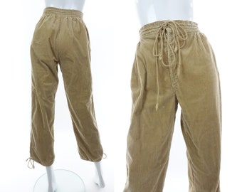 80s ESPRIT Corduroy Pants 1980s Beige Cords High Waist Drawstring Cuff Trousers 24"W XXS