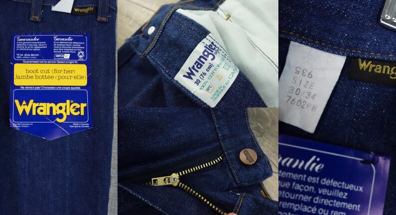 May include: A pair of dark blue denim jeans with a zipper fly and a Wrangler label. The label says "boot cut (for her) jambe bottee (pour elle)". The jeans have a size tag that says "S86 SIZE 30/34 7602P".