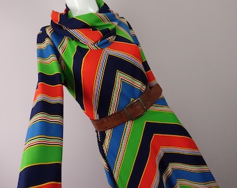 Vintage 70s Chevron Stripe Dress with Cowl Collar XS