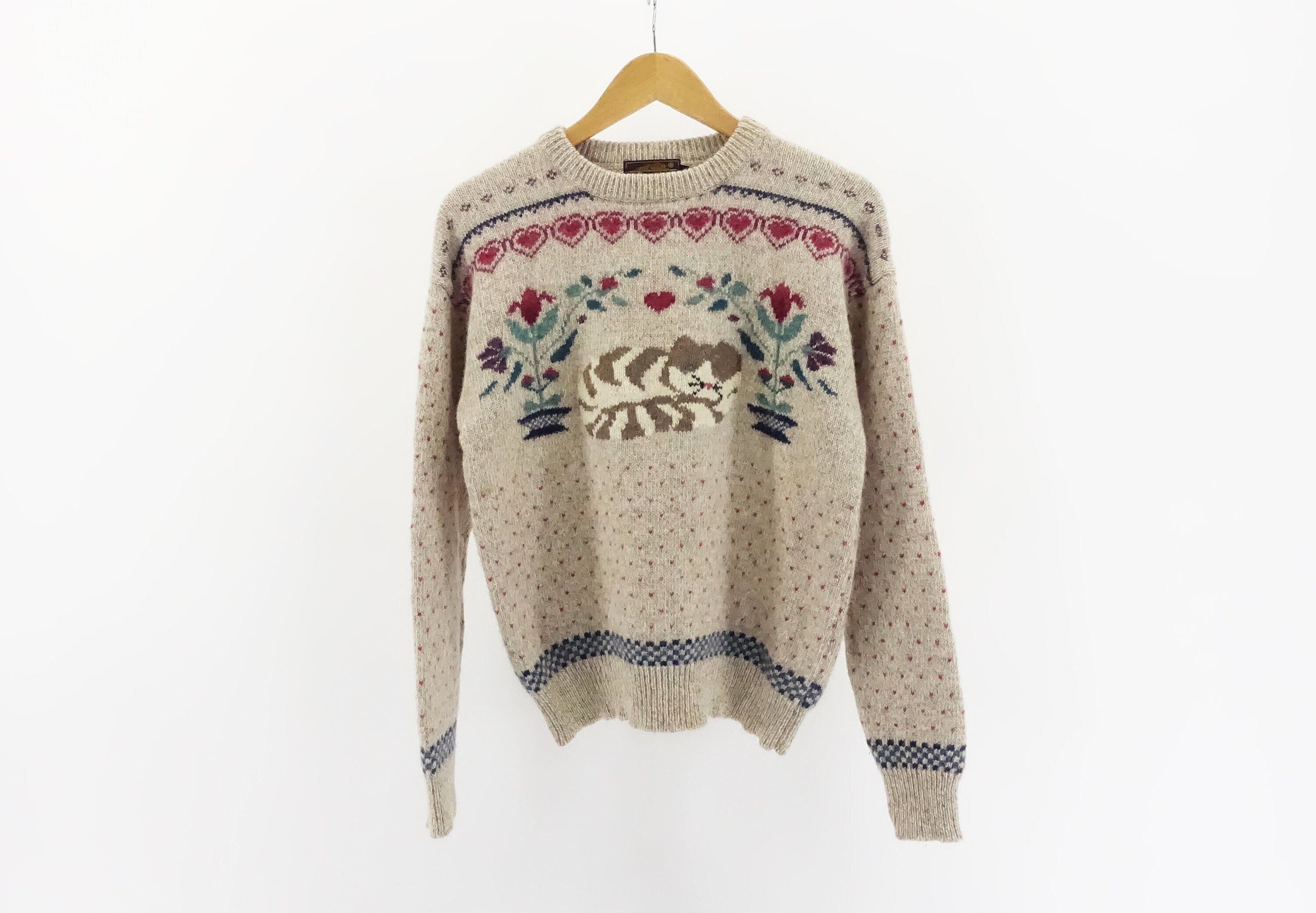 Vintage 90s Eddie Bauer Cat Sweater 1980s 1990 Birdseye Wool 
