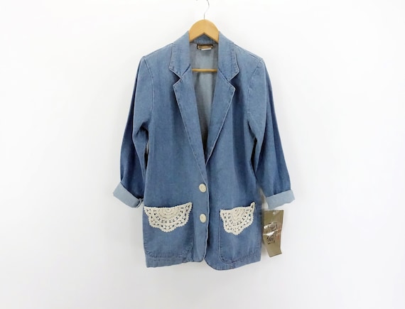 Vintage 90s Denim Blazer Blue Jean Suit Jacket Ne… - image 1