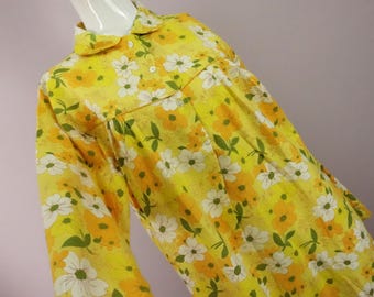 New 1970s Flannel Nightgown Yellow Floral Long Sleeve Nightie Grannycore NOS