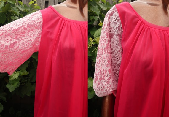 1960s 70s Double Chiffon Peignoir Robe Pink Lace … - image 5