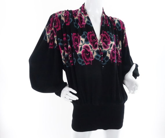 Vintage 80s Virginie Paris Top Black Pink Floral … - image 1