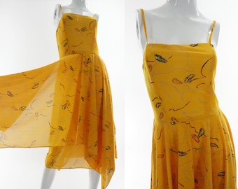 1970s Bird & Feather Print Dress Vintage Joseph Ribkoff Sleeveless Sheer Overlay XS