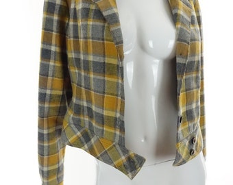 Vintage Cropped Plaid Wool Jacket Gray Yellow Tartan Shirt