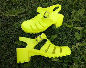 Vintage Neon Yellow Jelly Shoes Block Heel Sandals Size 39