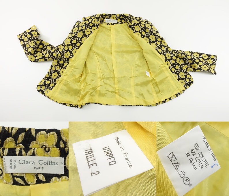 Puede incluir: Una chaqueta negra con estampado floral amarillo y forro amarillo. La chaqueta tiene una etiqueta que dice "Clara Collins Paris" y otra etiqueta que dice "VIRPFQ TAILLE 2 Made in France".