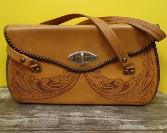 70s Tooled Leather Purse Boho Bag Embossed Tan Handbag Case