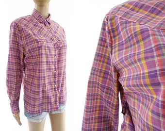 Vintage 70s Sasson Shirt Pink Plaid Snap Button Up Blouse / Size 13