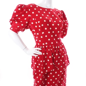 Vintage 80s Red and White Polka Dot Cotton Peplum Waist Dress Size XS