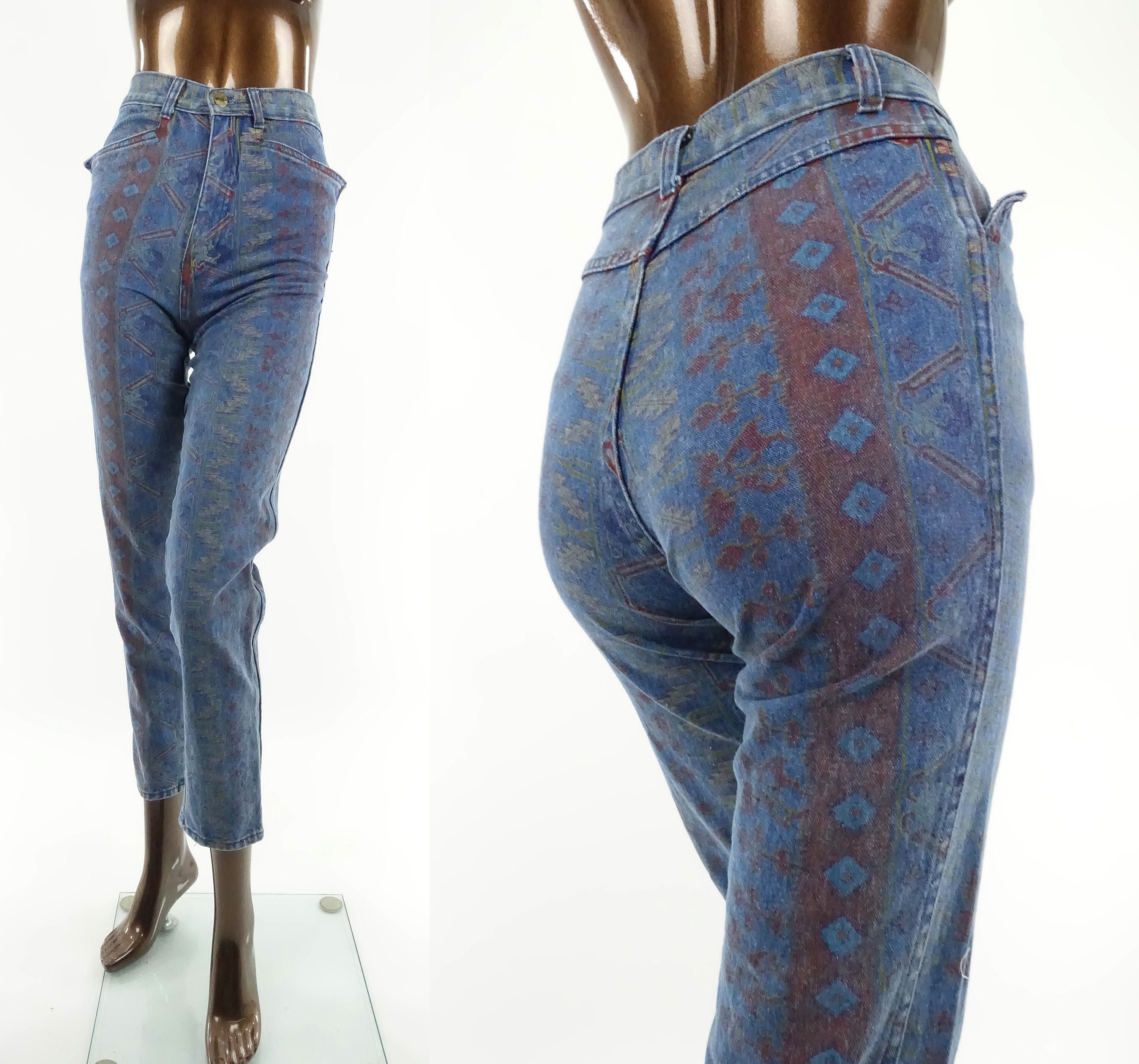 80s 90s Printed Jeans Rustic Denim Women XXS 23 Inch Waist 