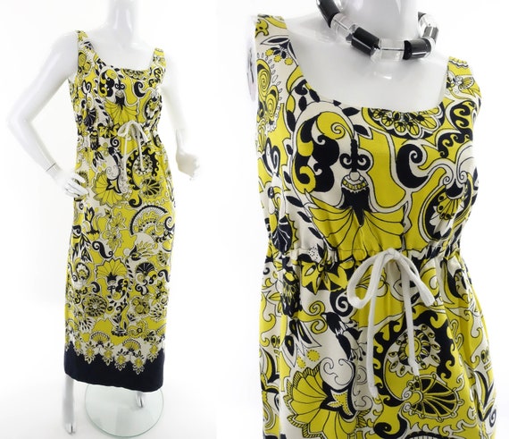 1960s 70s Yellow Black Paisley Dress 1970s Psyche… - image 2