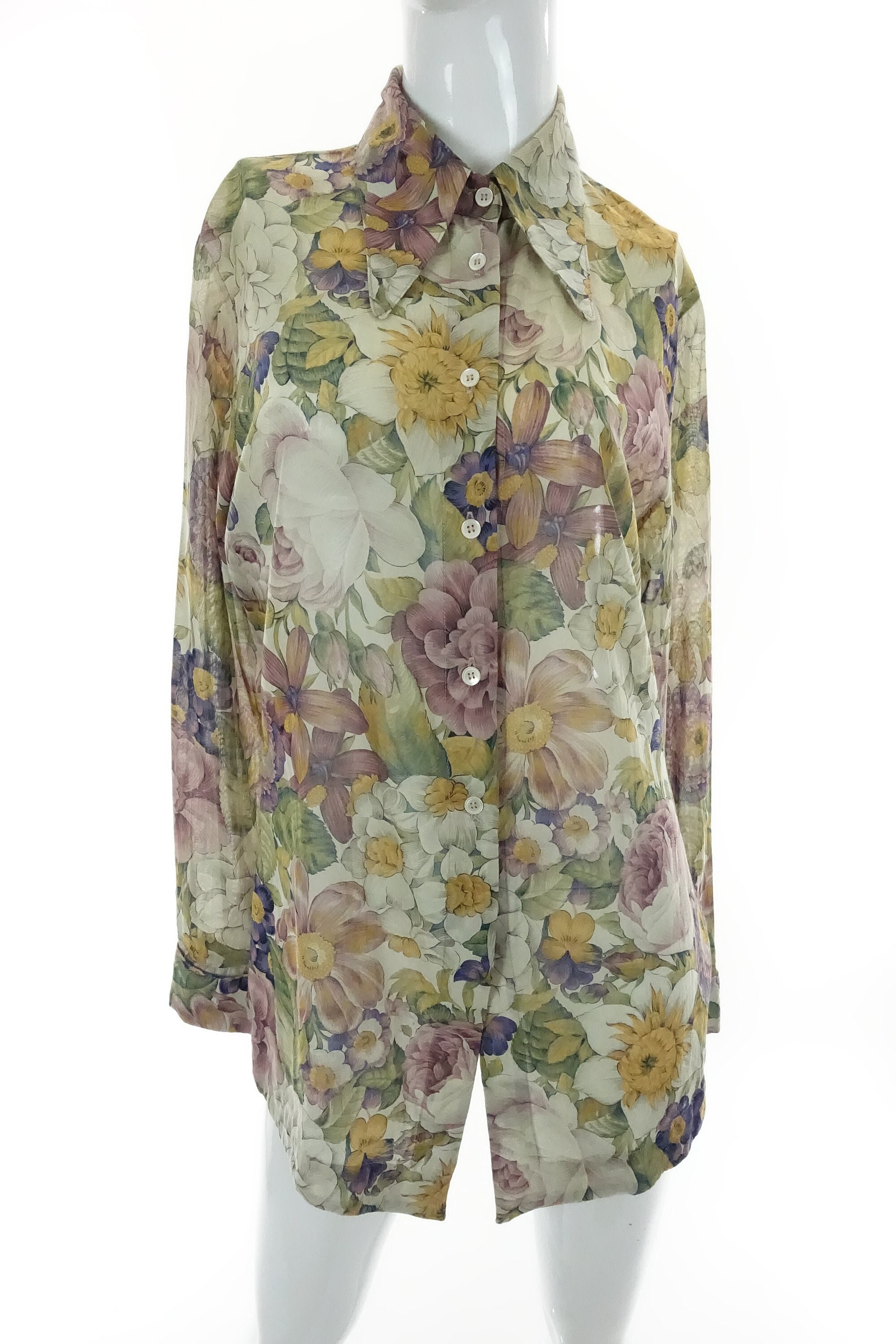 Vintage 90s Sheer Floral Blouse Long Button Down Cotton